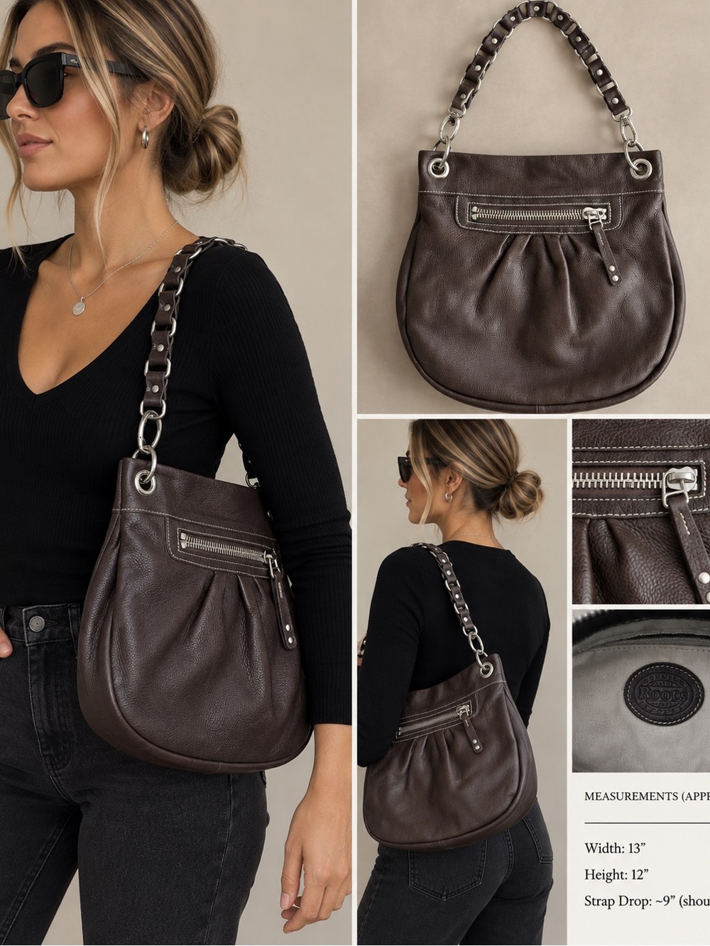 Roots Brown Leather Hobo Shoulder Bag Slouchy Silver Hardware